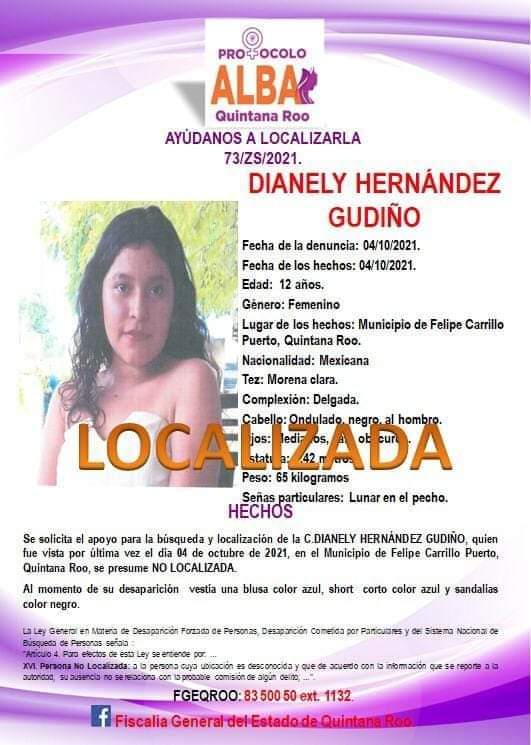 Se desactiva Alerta Amber QRoo para Dianely Hernández Gudiño, fue localizada.