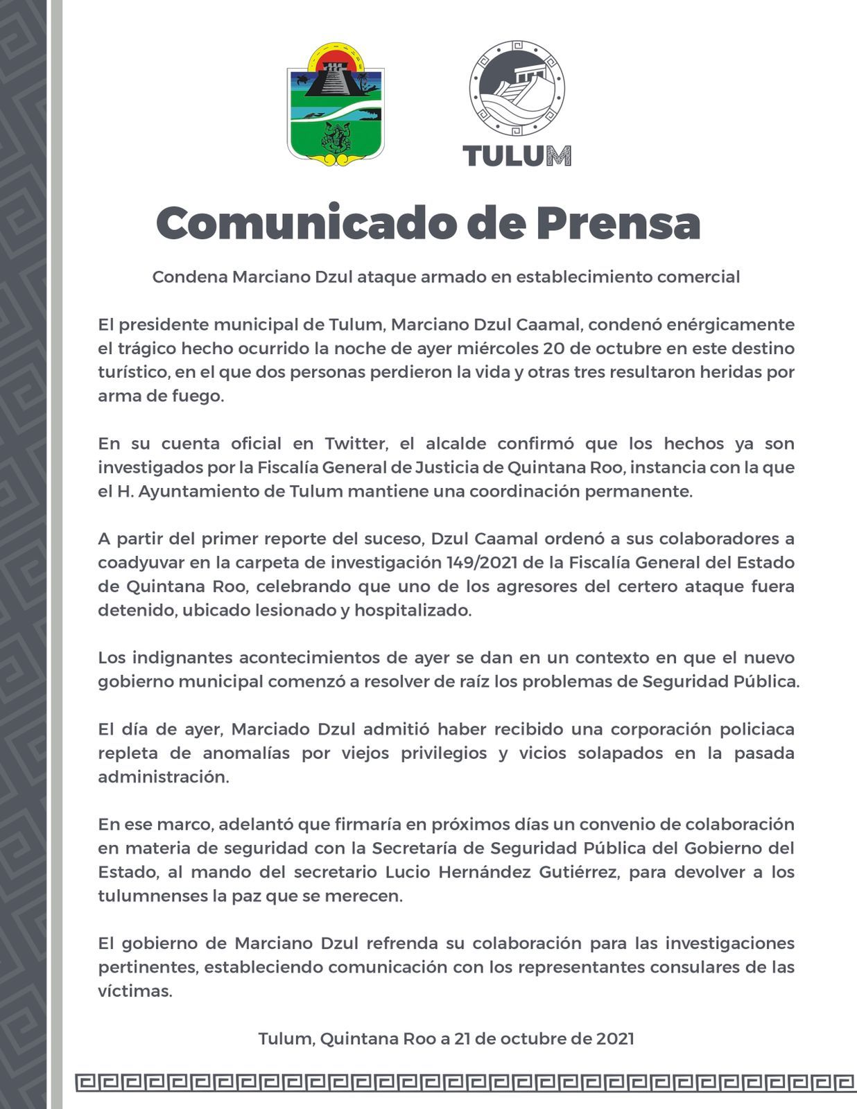 Condena Marciano Dzul ataque armado en establecimiento comercial