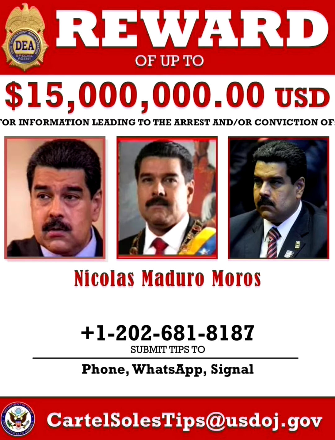 Estados Unidos mantiene vigente la recompensa de 15 millones de dólares por la captura del dictador Nicolás Maduro