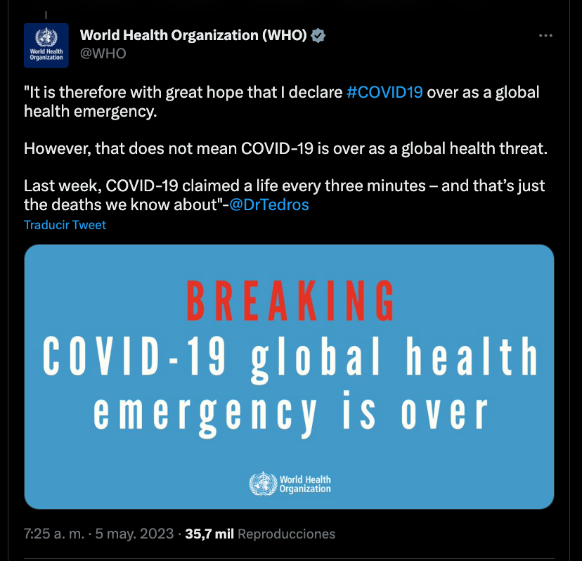OMS pone fin a emergencia internacional por Covid-19
