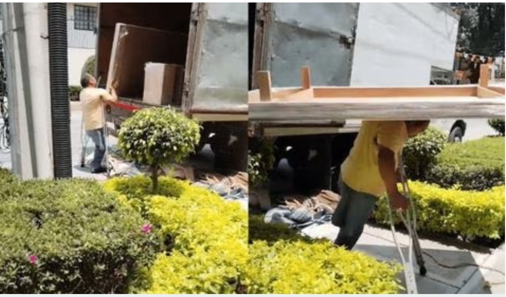Hombre con muletas se viraliza por su trabajo en una empresa de mudanzas