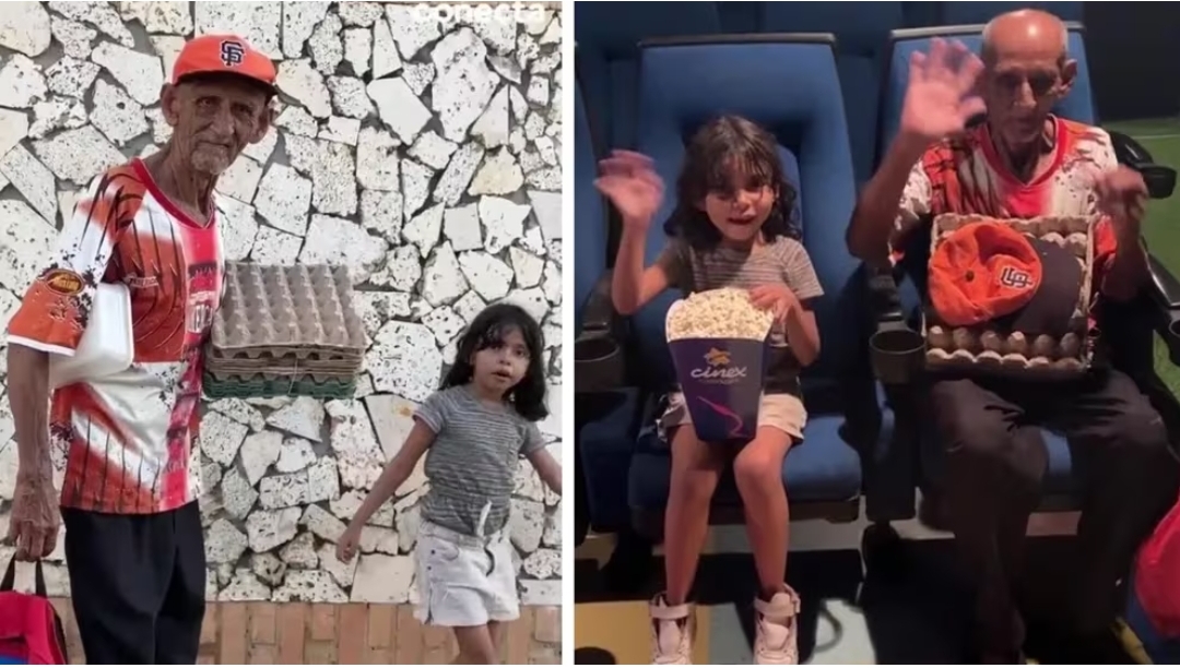 Un abuelo y su nieta fueron por primera vez al cine y su emoción se volvió viral