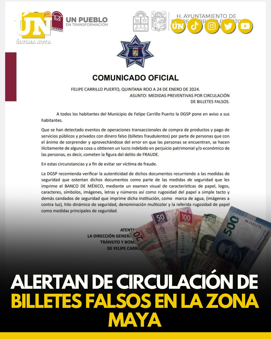 Alertan de circulación de billetes falsos en la zona maya