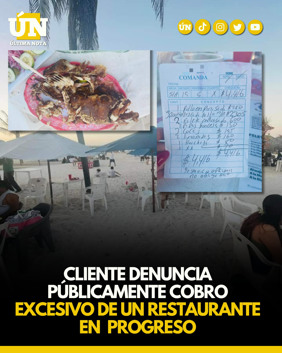 Cliente denuncia públicamente cobro excesivo de un restaurante en Progreso