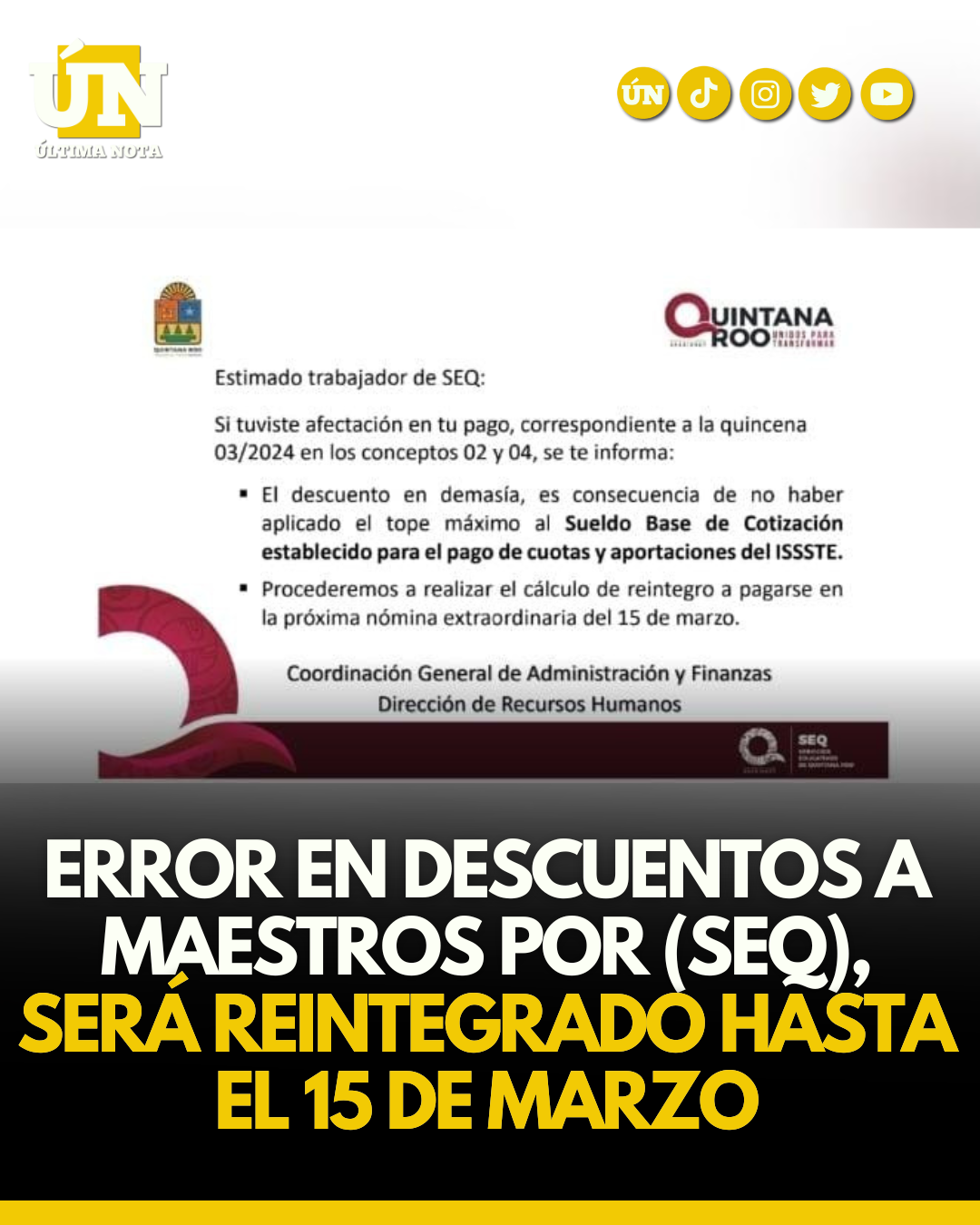 Error en descuentos a maestros por (SEQ), será reintegrado hasta el 15 de marzo