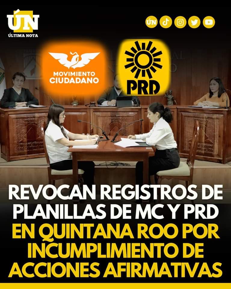 Revocan registros de planillas del PRD y otro partido en Quintana Roo por incumplimiento de acciones afirmativas