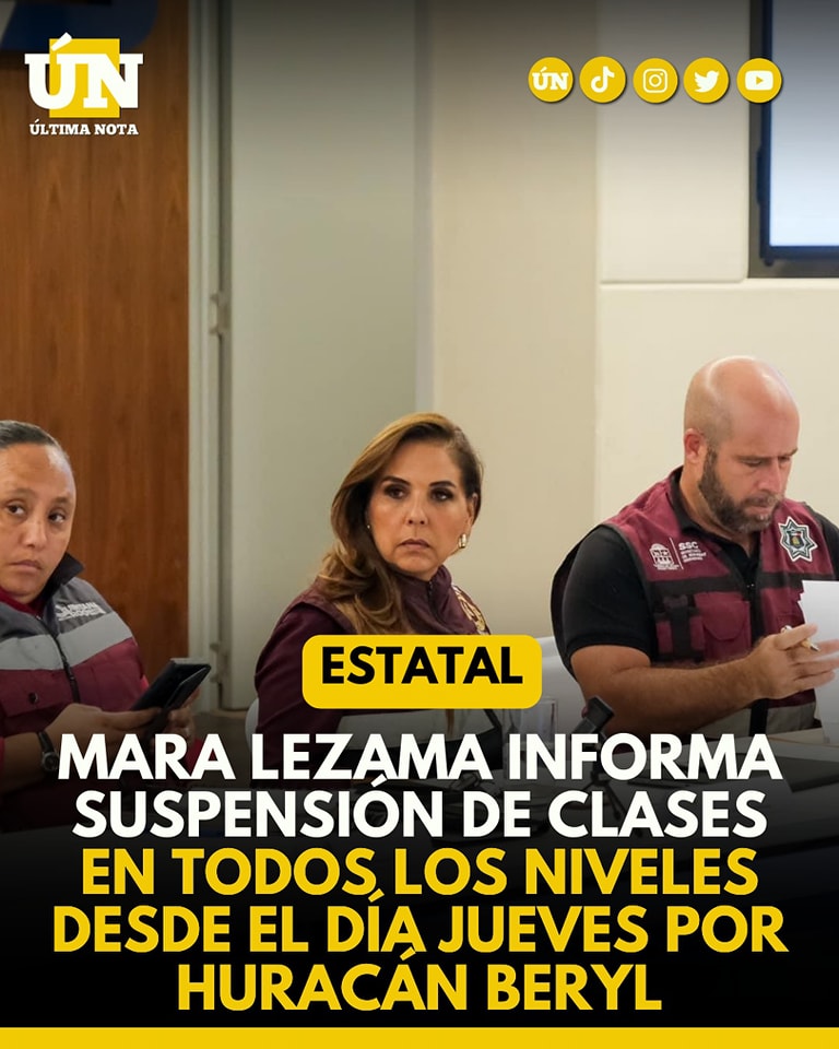 Aviso! Ante el pronóstico de impacto del huracán #Beryl, quedan suspendidas las clases, de manera oficial, en todos los niveles educativos en todo #QuintanaRoo, este jueves 4 y viernes 5 de julio de 2024.