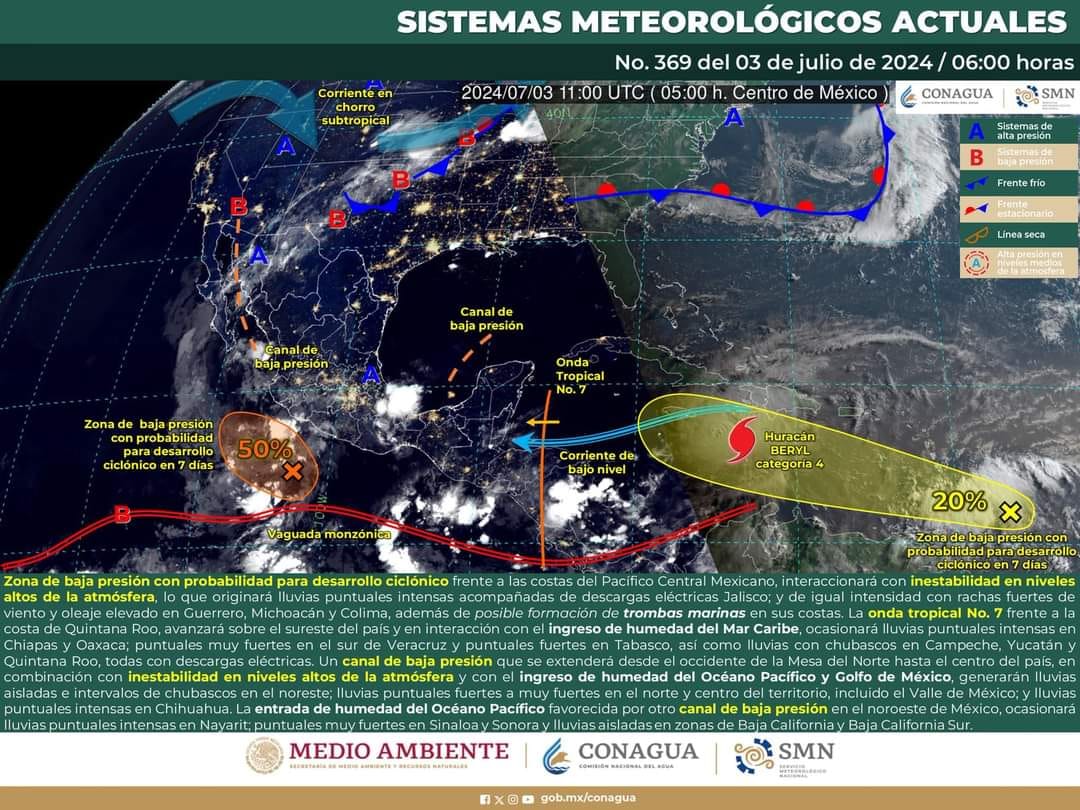 La zona de baja presión y la onda tropical No. 7 afectarán el sureste y las costas del Pacífico con lluvias intensas y descargas eléctricas. Se esperan lluvias muy fuertes en #Jalisco, #Guerrero, #Michoacán, #Colima, #Chiapas, #Oaxaca y el sur de #Veracruz.  El Huracán #Beryl, de categoría 4, se mantiene en vigilancia y hasta el momento no afecta a costas nacionales ￼
