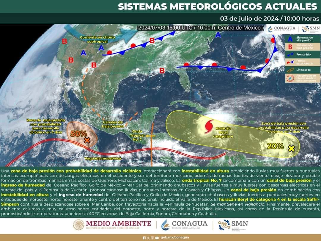 ¡Nos encontramos en #AlertaAmarilla, #PeligroModerado ante la llegada del huracán #Beryl a nuestras costas y continuamos vigilando los sistemas hidrometeorológicos cercanos a #QuintanaRoo y sobre todo el territorio nacional.