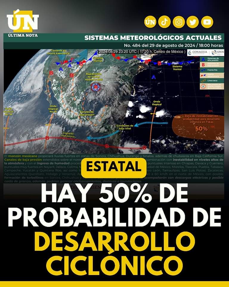 Se incrementa a un 50 % la probabilidad de formación ciclónica en los próximos días sobre el Atlántico y Caribe.