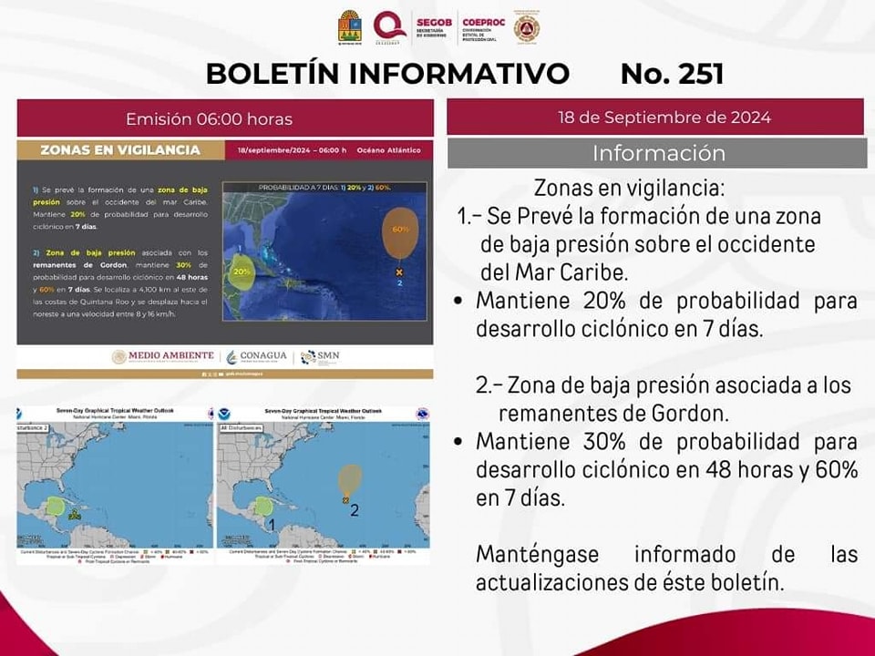 La Coordinación Estatal de Protección Civil Quintana Roo informa con base a la información emitida por la Conagua Comisión Nacional del Agua-SMNmx que se encuentran dos zonas en vigilancia: