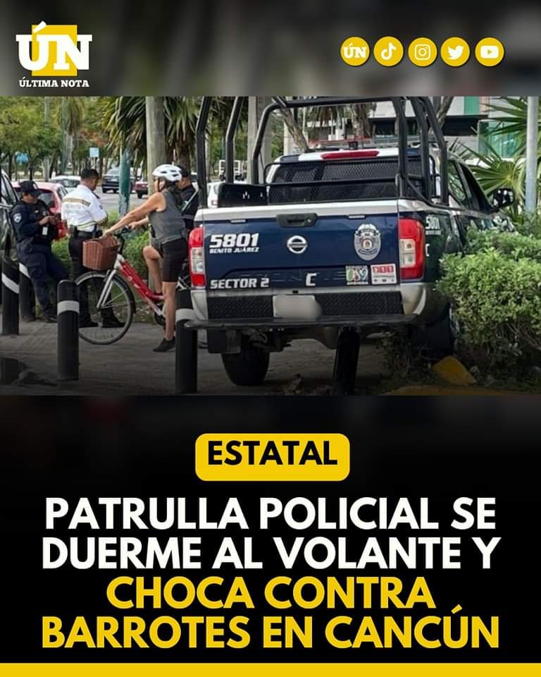 Patrulla policial se duerme al volante y choca contra barrotes en #Cancún #Estatal