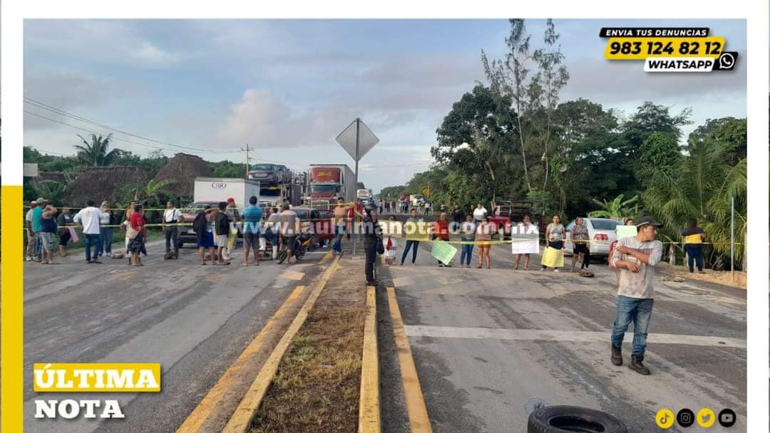 Habitantes de Uh May bloquean carretera federal en demanda de reparaciones y cruce seguro para estudiantes