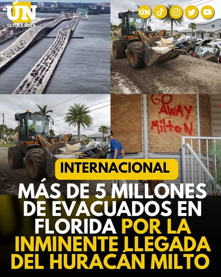 Más de 5 millones de evacuados en Florida por la inminente llegada del huracán Milton.