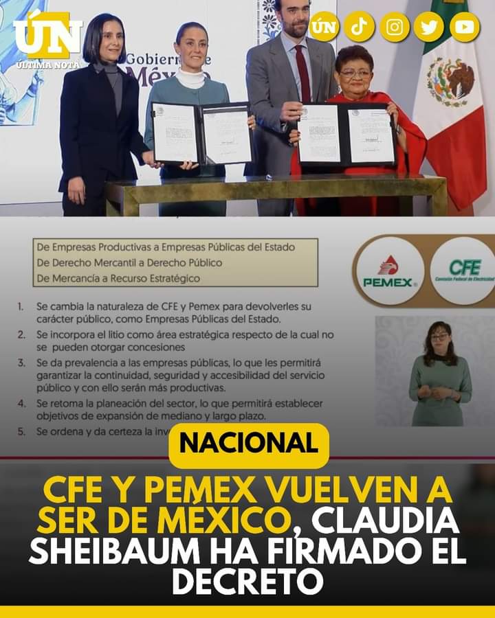 Firman Decreto de Reforma para Regresar a Pemex y CFE como Empresas Públicas