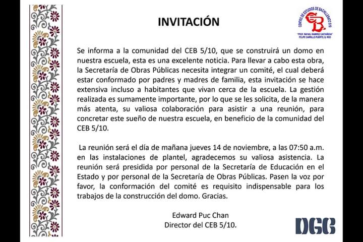 Anuncian construcción de domo en el CEB 5/10; invitan a la comunidad a formar comité de obra