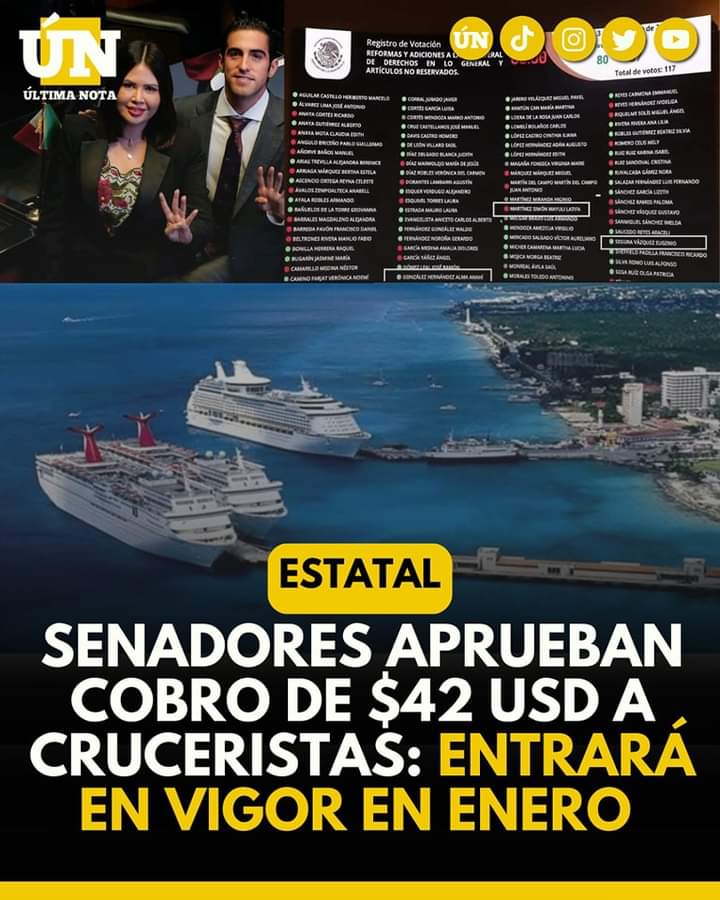 Senadores aprueban cobro de $42 USD a cruceristas: entrará en vigor en enero