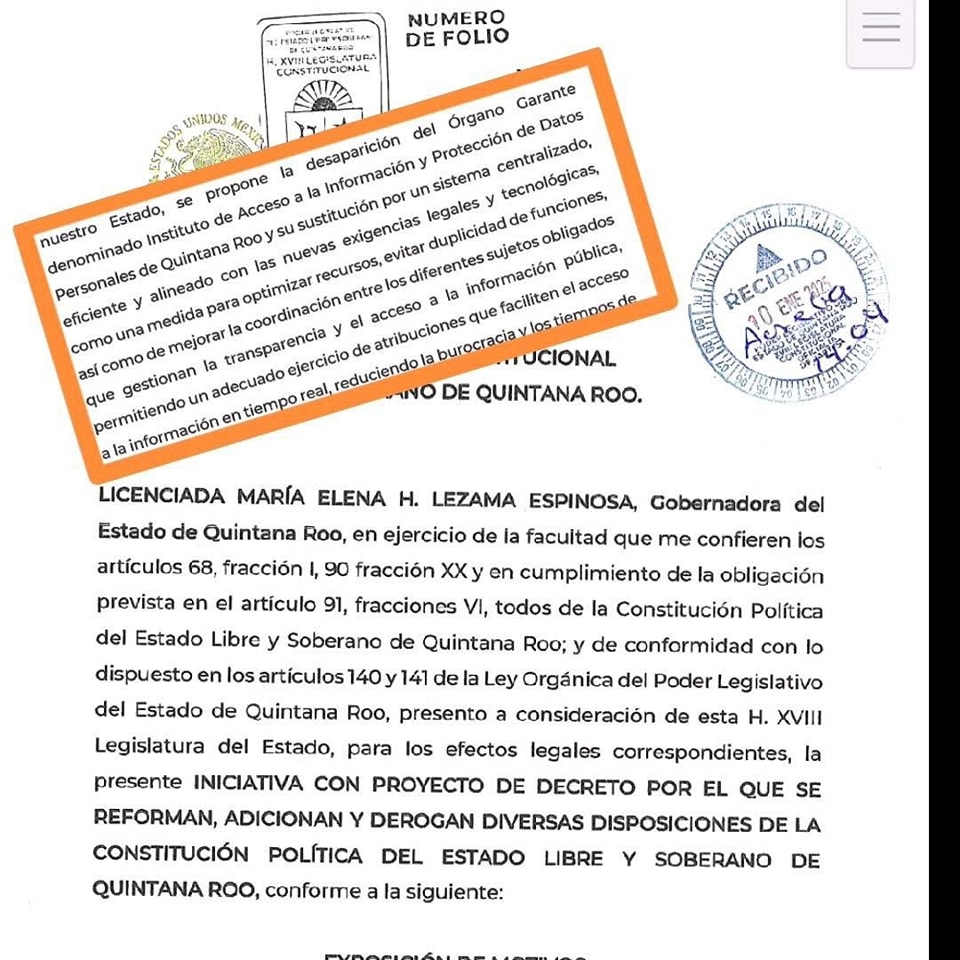 Iniciativa en el Congreso de Quintana Roo para Desaparecer el IDAIPQROO