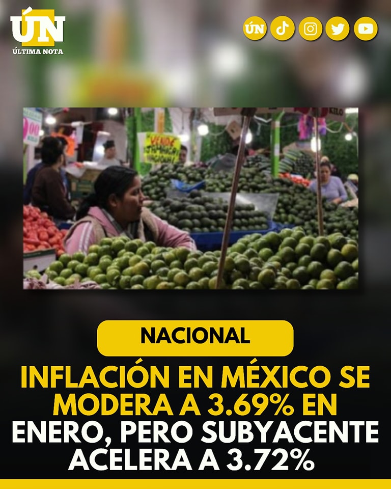 Inflación en México se modera a 3.69% en enero, pero subyacente acelera a 3.72%