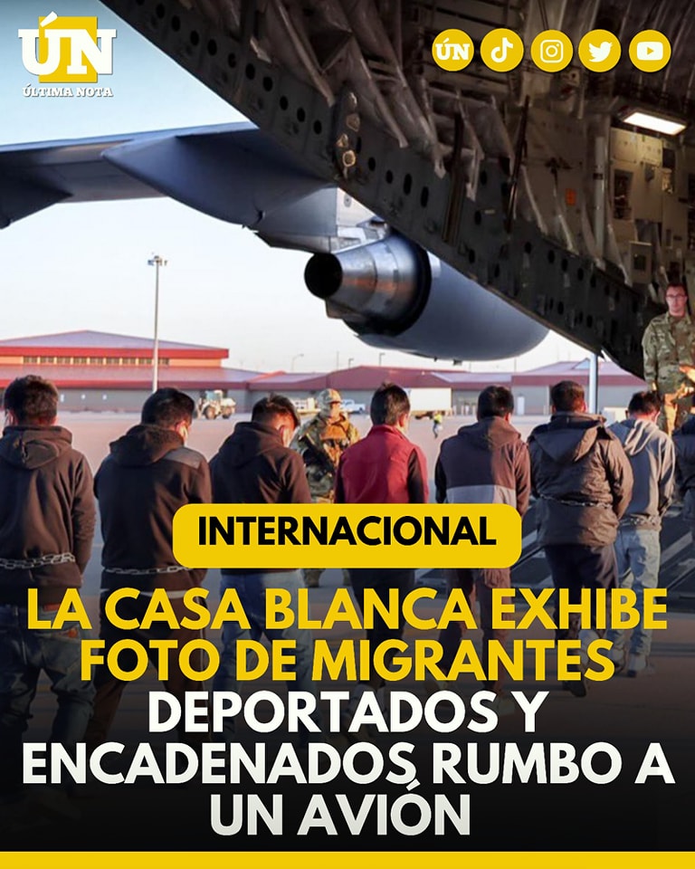 La Casa Blanca exhibe FOTO de migrantes deportados y encadenados rumbo a un avión