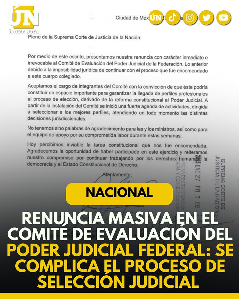 Renuncia masiva en el Comité de Evaluación del Poder Judicial Federal: se complica el proceso de selección judicial