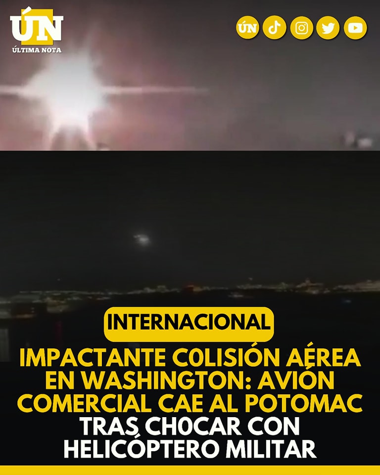 Impactante colisión aérea en Washington: avión comercial cae al Potomac tras chocar con helicóptero militar