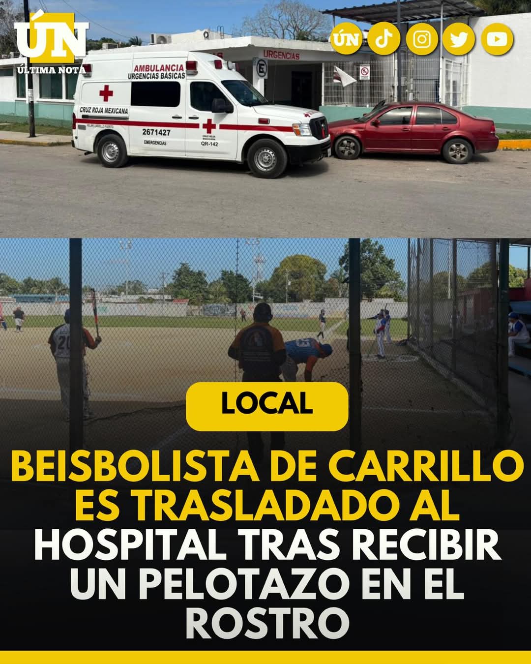 Beisbolista de Carrillo es trasladado al hospital tras recibir un pelotazo en el rostro