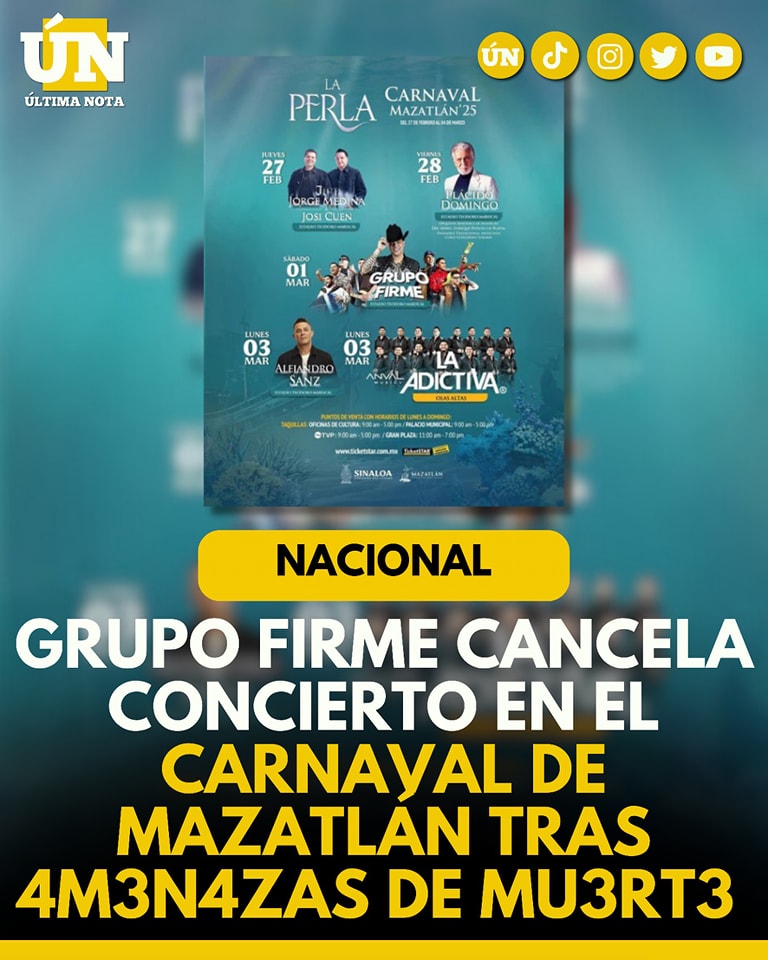 Grupo Firme cancela concierto en el Carnaval de Mazatlán tras amanazas de muerte