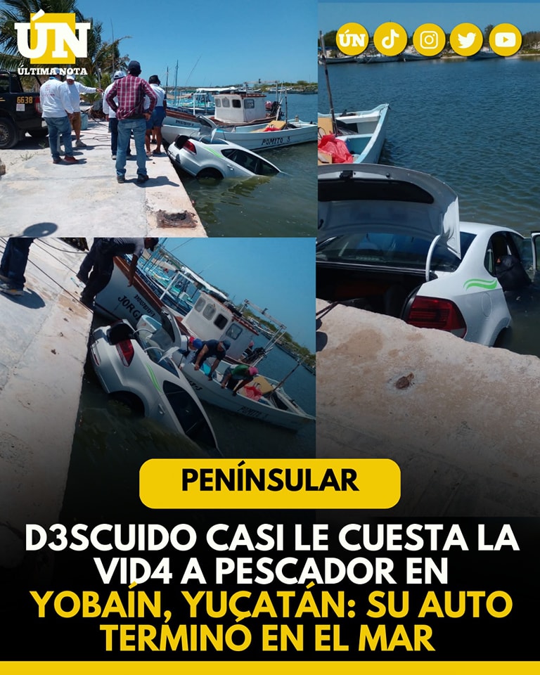 D3scuido casi le cuesta la vid4 a pescador en Yobaín, Yucatán: su auto terminó en el mar