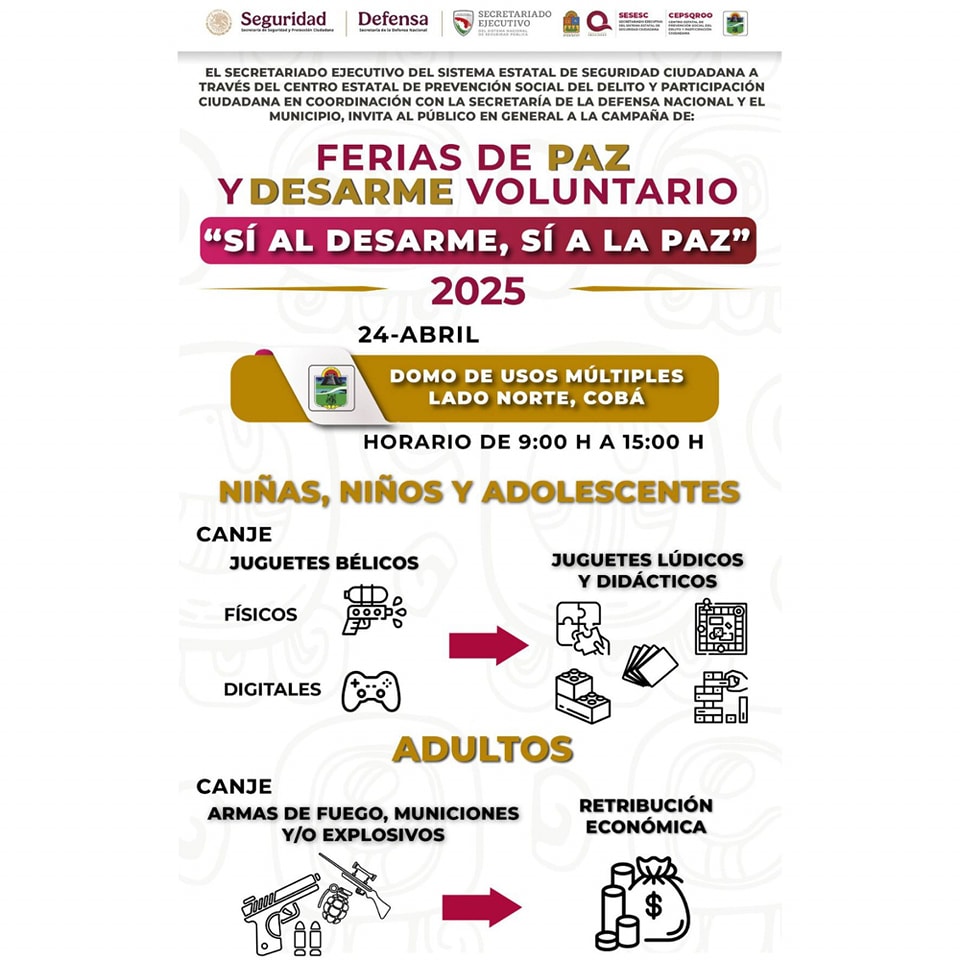 SESESC y SEDENA invitan a participar en Ferias de Paz y Desarme Voluntario en Tulum