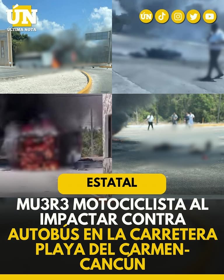 Mu3r3 motociclista al impactar contra autobús en la carretera Playa del Carmen-Cancún