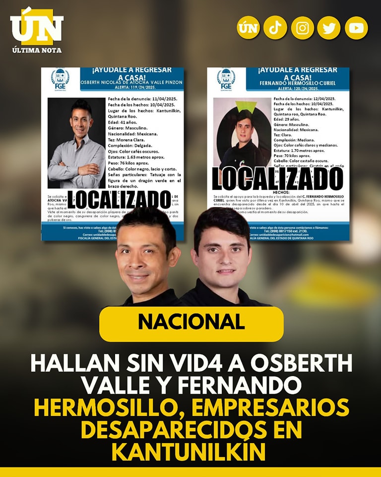 Hallan sin vid4 a Osberth Valle y Fernando Hermosillo, empresarios des4parecidos en Kantunilkín