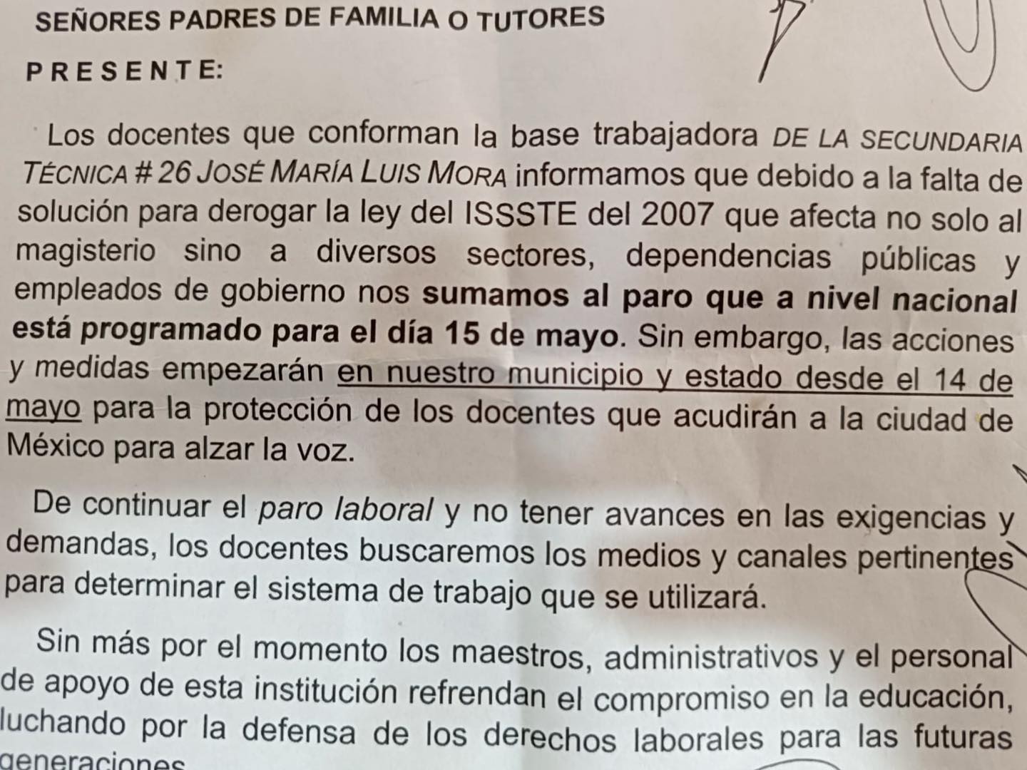 Anuncian suspensión de clases por tiempo indefinido docentes de la Secundaria Técnica No. 26 en FCP
