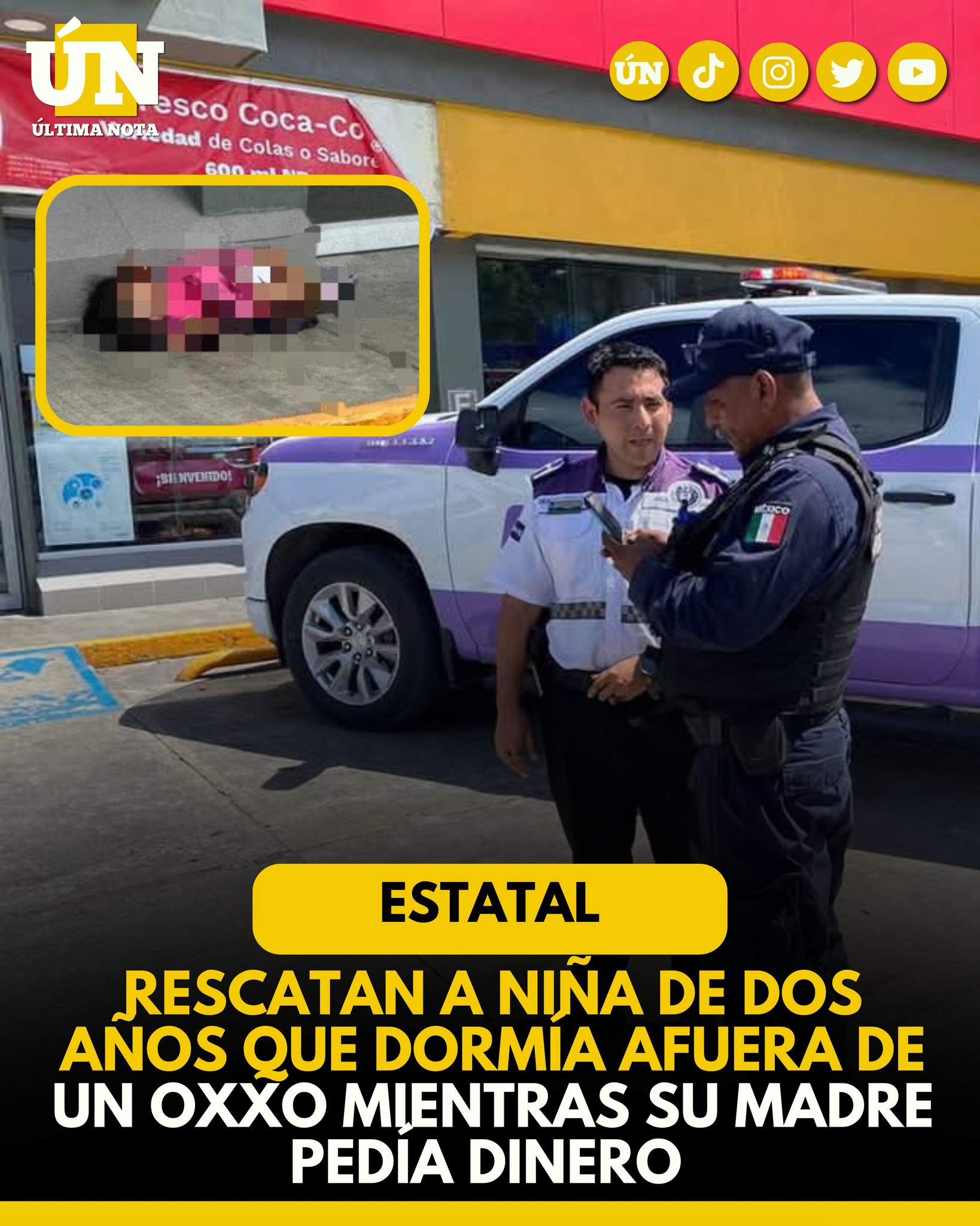 Rescatan a niña de dos años que dormía afuera de un Oxxo mientras su madre pedía dinero