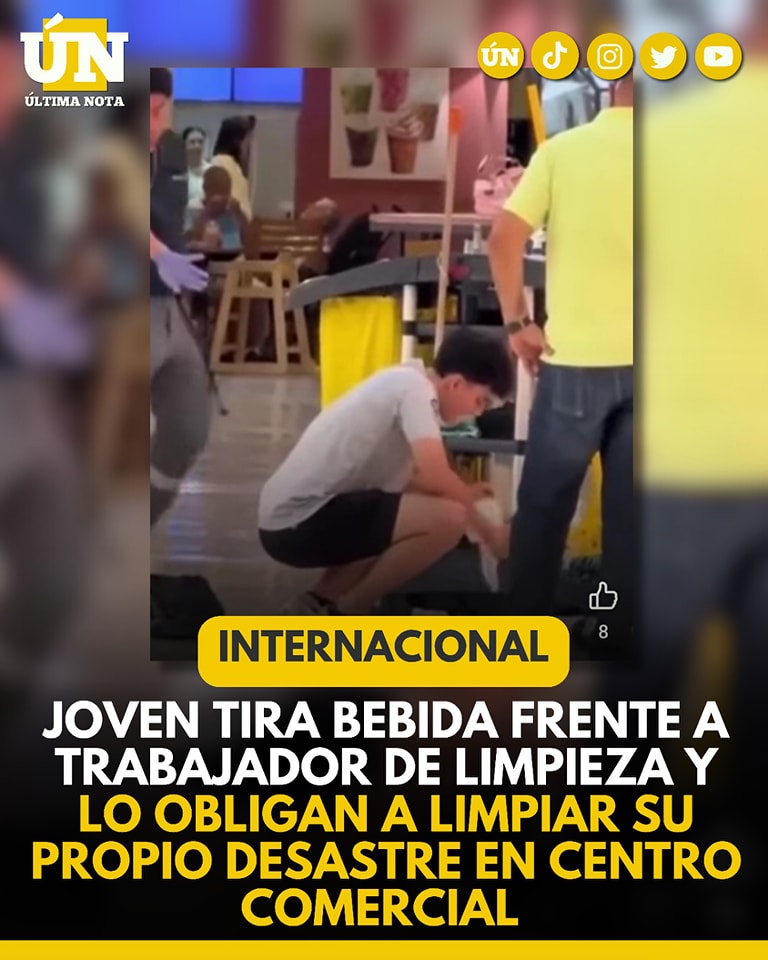Joven tira bebida frente a trabajador de limpieza y lo obligan a limpiar su propio desastre en centro comercial