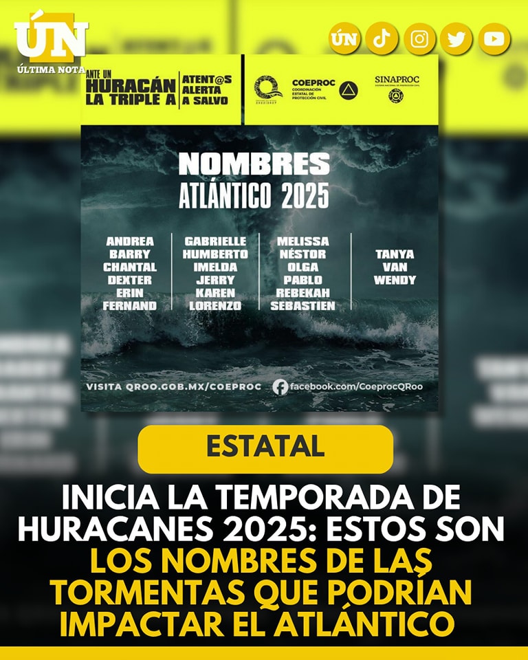 Inicia la Temporada de Huracanes 2025: Estos son los nombres de las tormentas que podrían impactar el Atlántico
