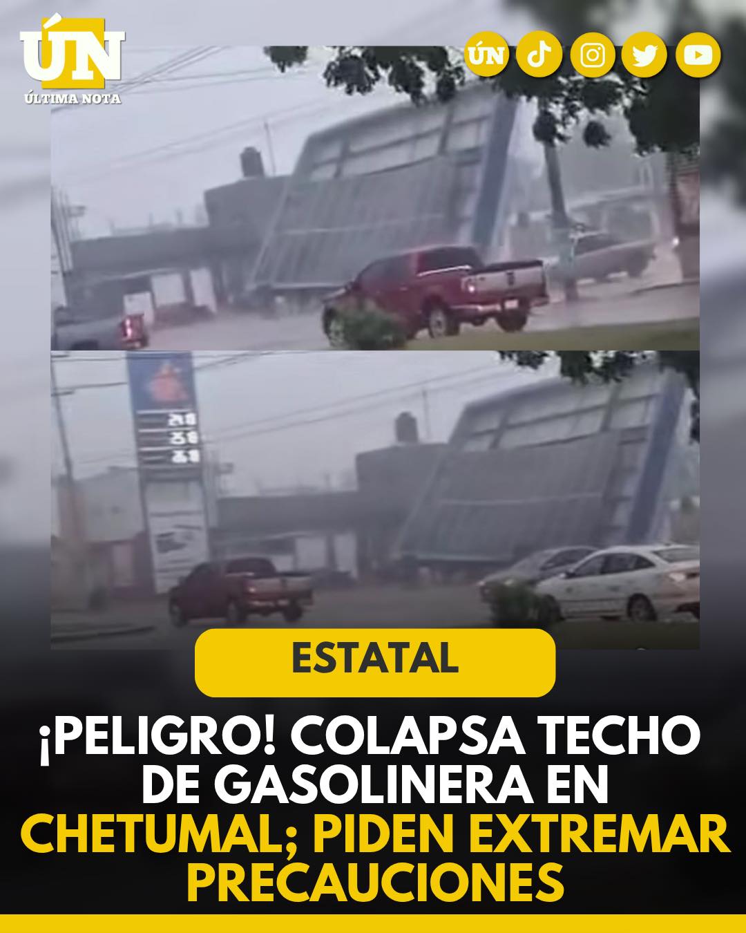 ¡Peligro! Colapsa techo de gasolinera en Chetumal; piden extremar precauciones