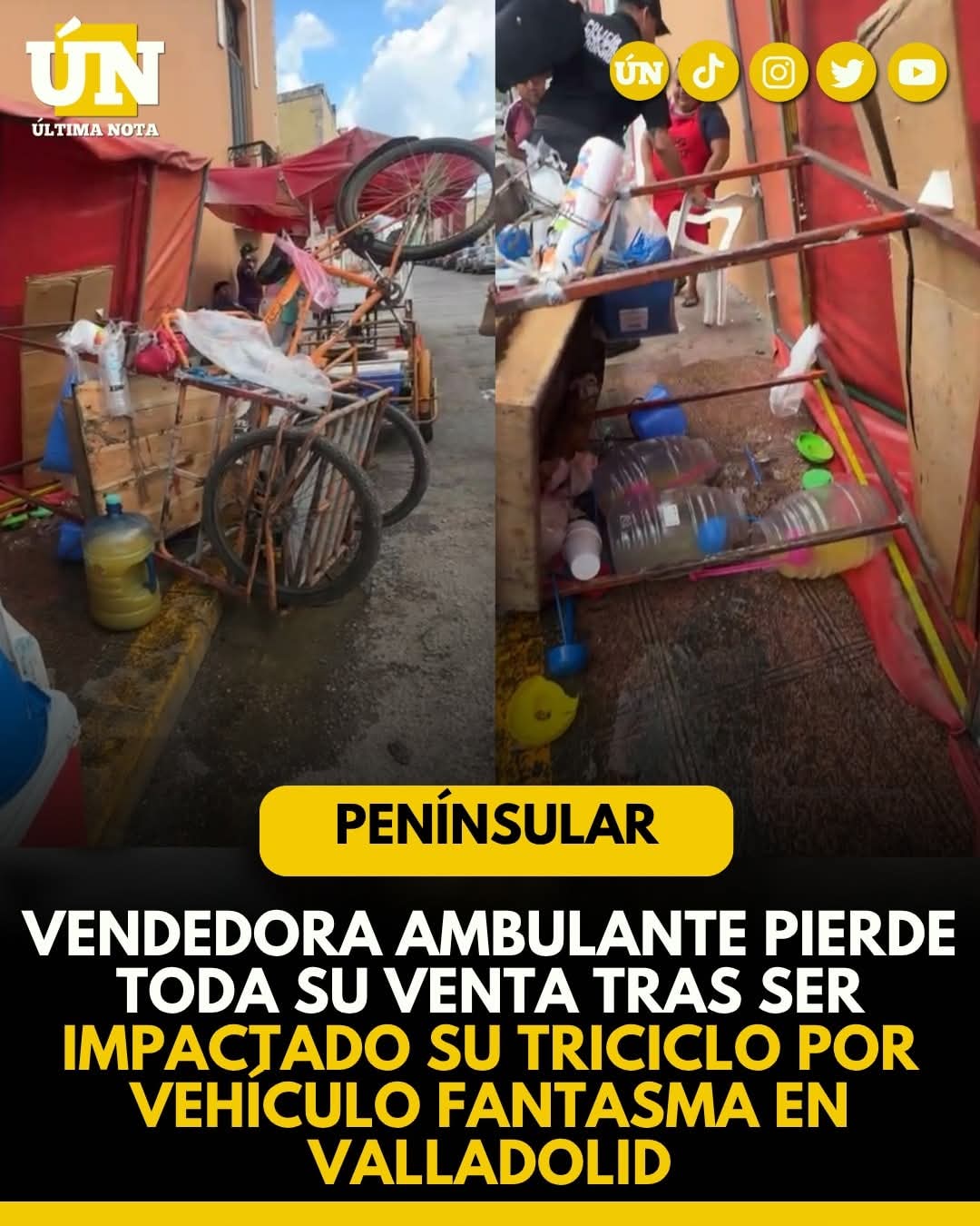 Vendedora ambulante pierde toda su venta tras ser impactado su triciclo por vehículo fantasma en Valladolid.