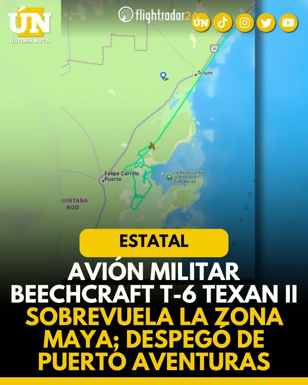 Avión militar Beechcraft T-6 Texan II sobrevuela la Zona Maya; despegó de Puerto Aventuras.