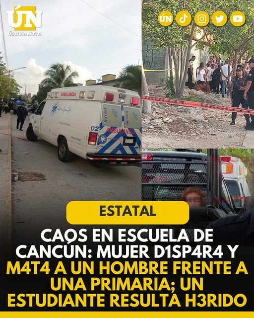 Caos en escuela de Cancún: Mujer d1sp4r4 y m4t4 a un hombre frente a una Primaria; Un estudiante resulta herido