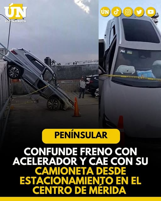 Confunde freno con acelerador y cae con su camioneta desde estacionamiento en el Centro de Mérida