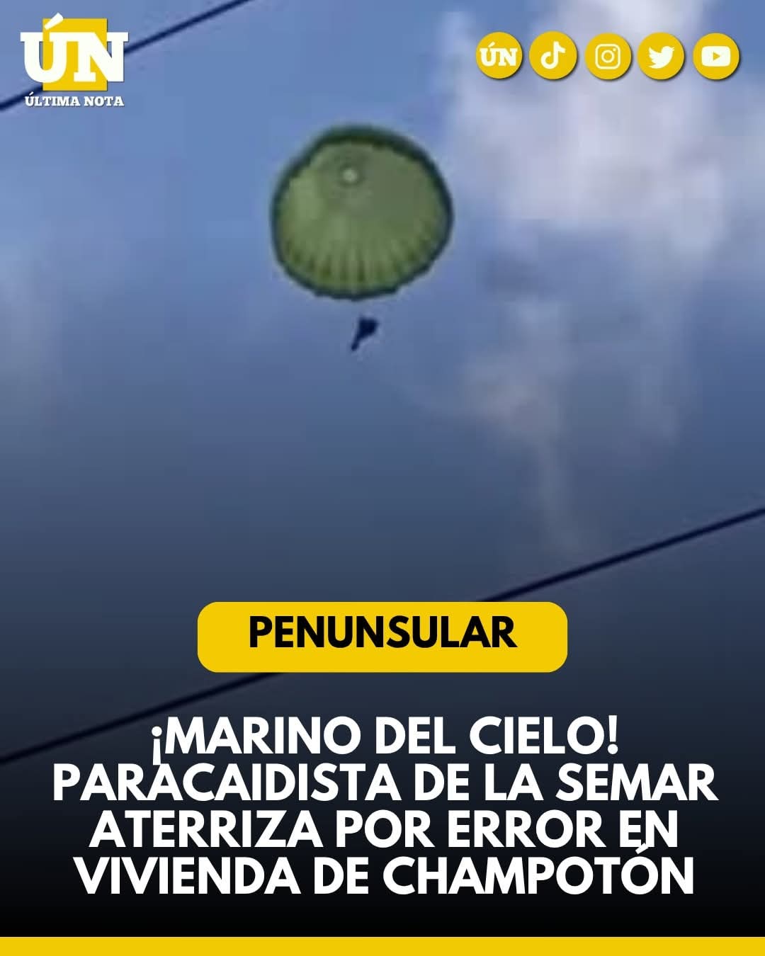 ¡Marino del cielo! Paracaidista de la SEMAR aterriza por error en vivienda de Champotón.