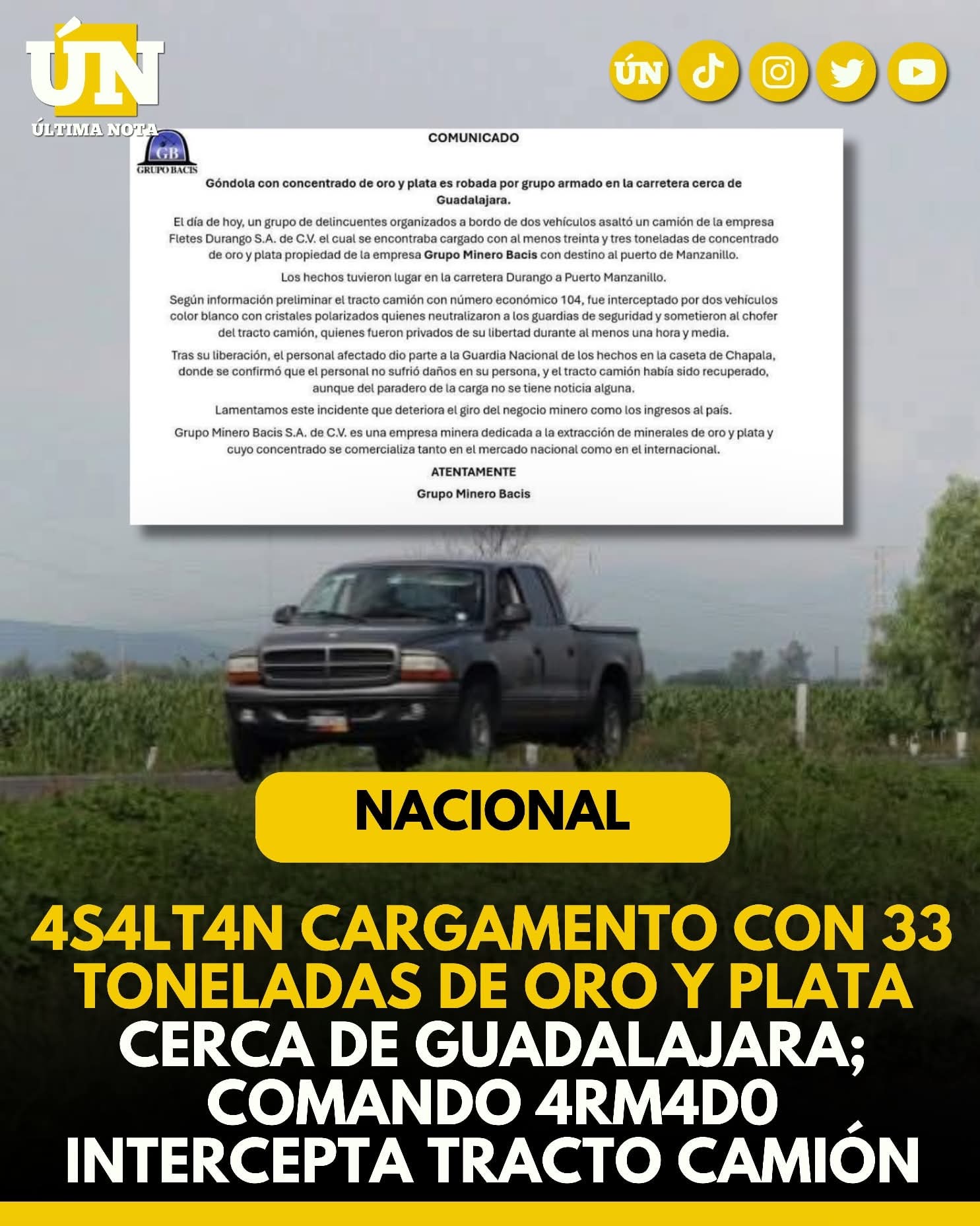 Roban 33 toneladas de oro y plata cerca de Guadalajara; Fiscalía aún sin denuncia formal del millonario atraco.