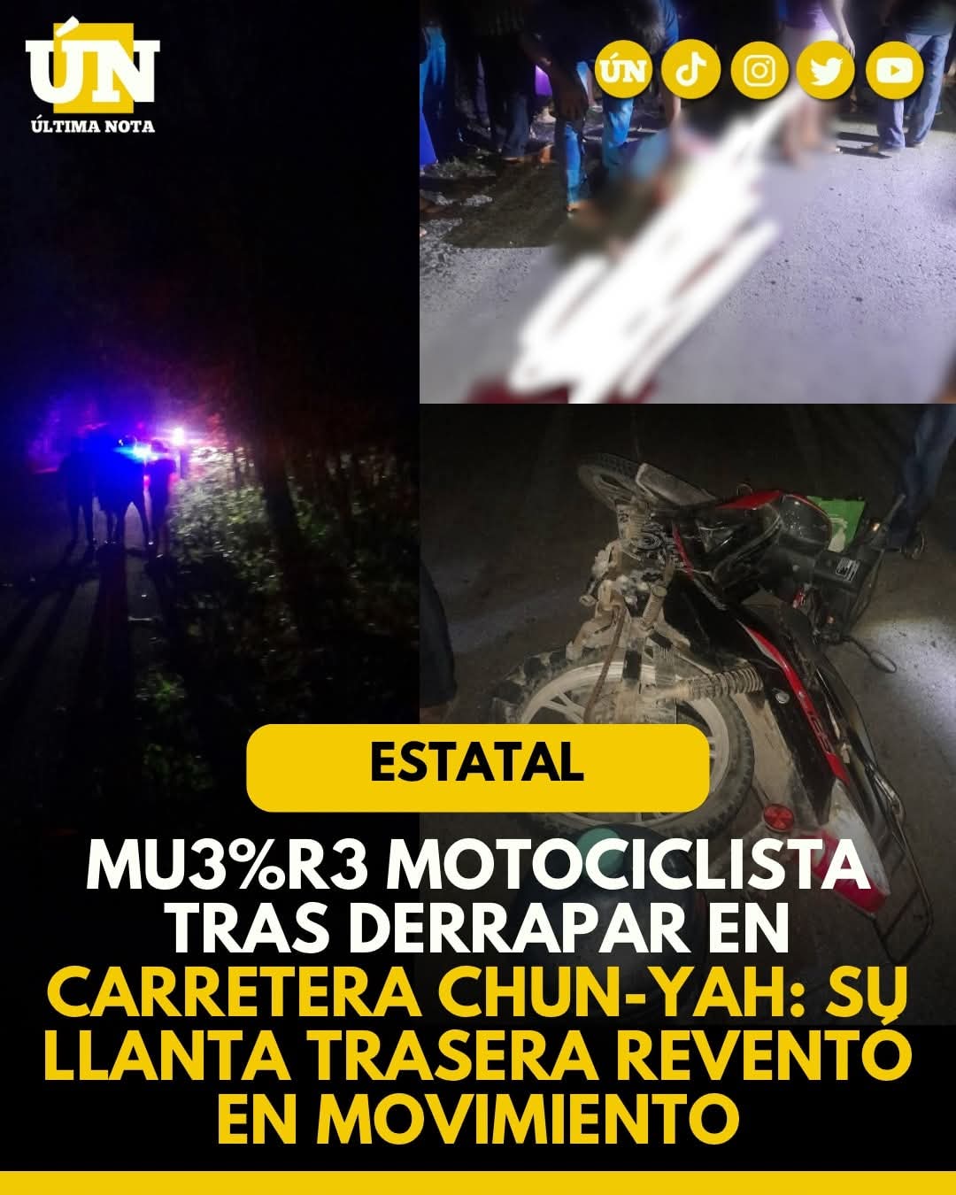 Mu3%r3 motociclista tras derrapar en carretera Chun-Yah: su llanta trasera reventó en movimiento.
