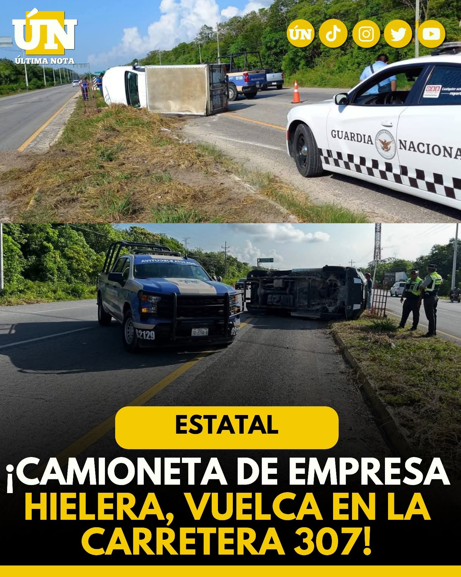 ¡Camioneta de empresa hielera, vuelca en la carretera 307!
