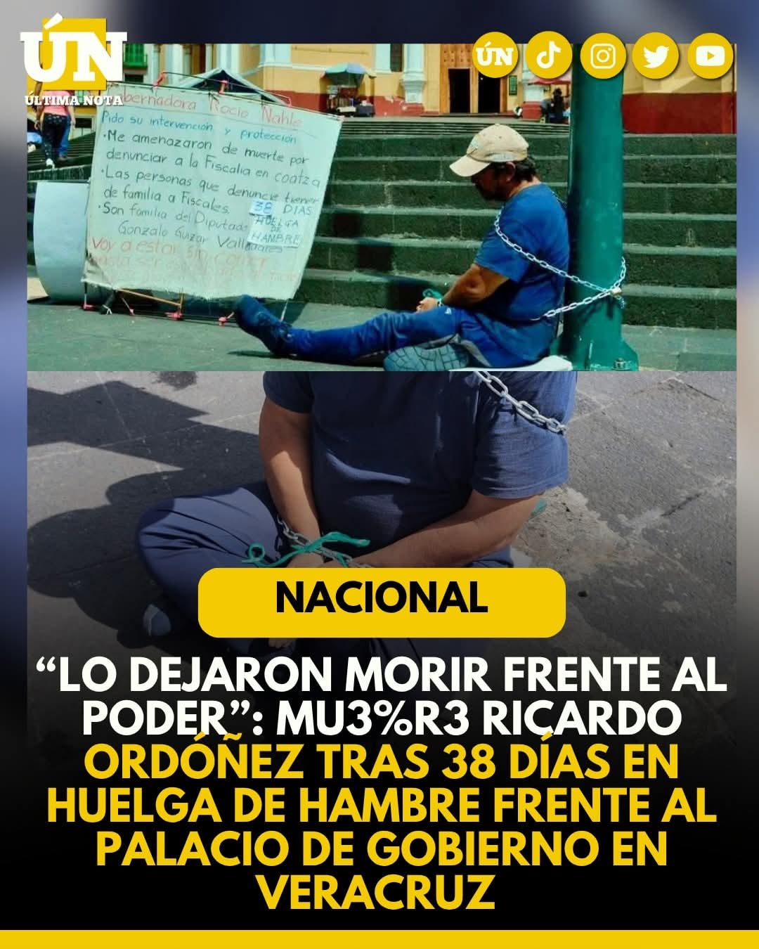 “Lo dejaron morir frente al poder”: Mu3%r3 Ricardo Ordóñez tras 38 días en huelga de hambre frente al Palacio de Gobierno en Veracruz.