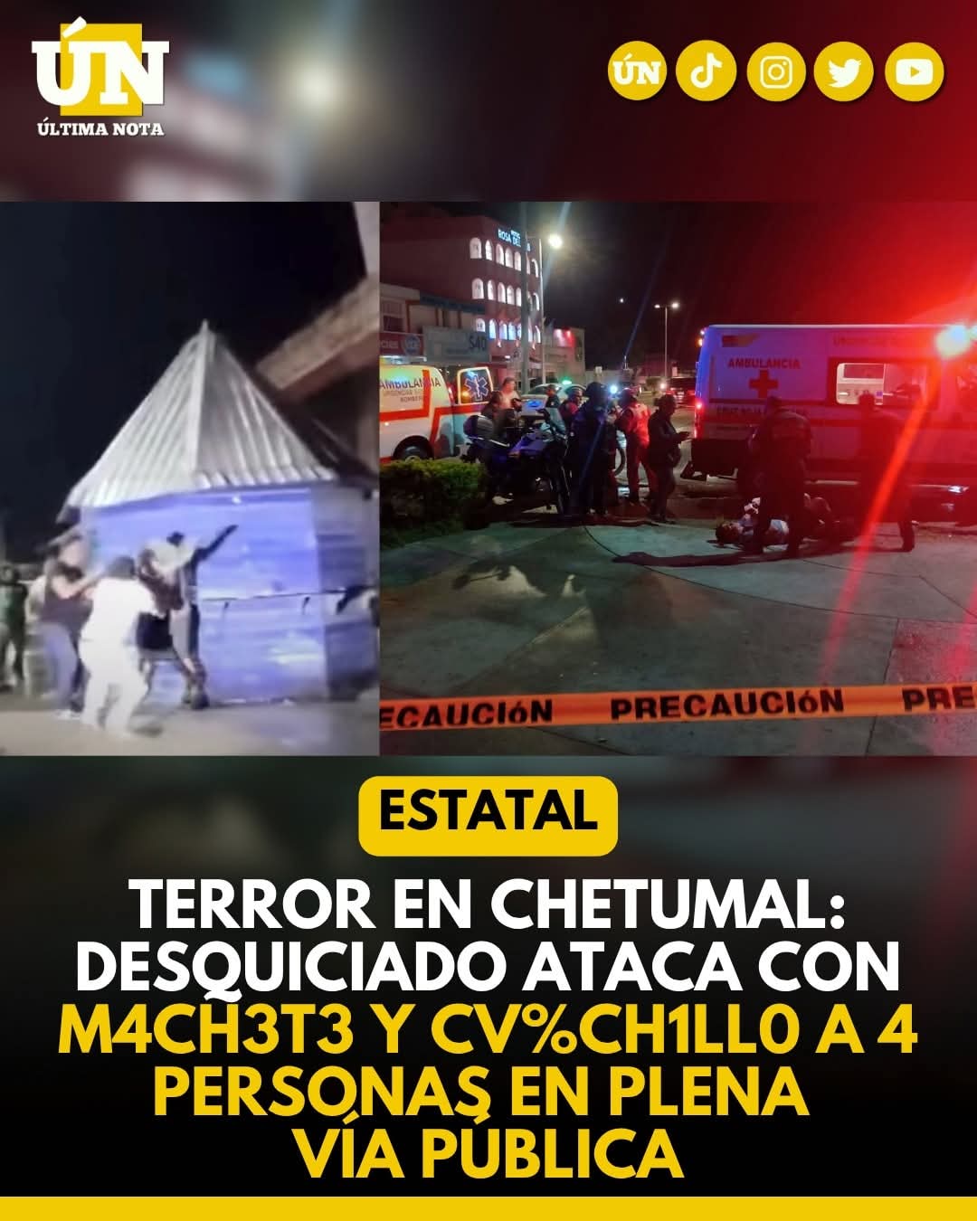 Terror en Chetumal: Desquiciado ataca con m4ch3t3 y cu%ch1ll0 a 4 personas en plena vía pública.