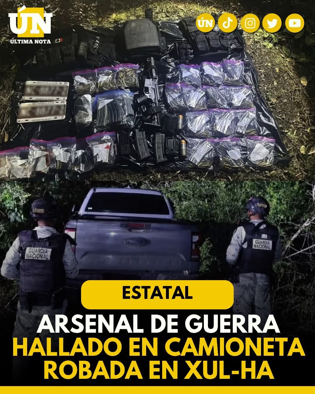 Arsenal de guerra hallado en camioneta robada en Xul-Ha.