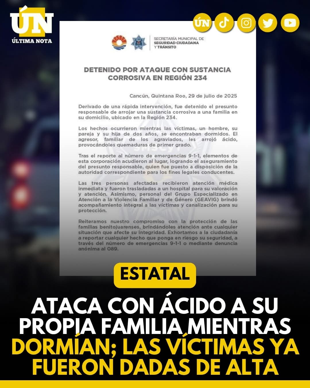 Ataca con 4c1d0 a su propia familia mientras dormían; las víctimas ya fueron dadas de alta.