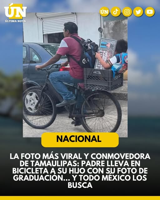 La foto más viral y conmovedora de Tamaulipas: padre lleva en bicicleta a su hijo con su foto de graduación… y todo México los busca